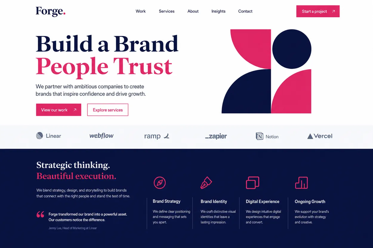 The same brand agency site after polish: a strong type hierarchy and crisp accents