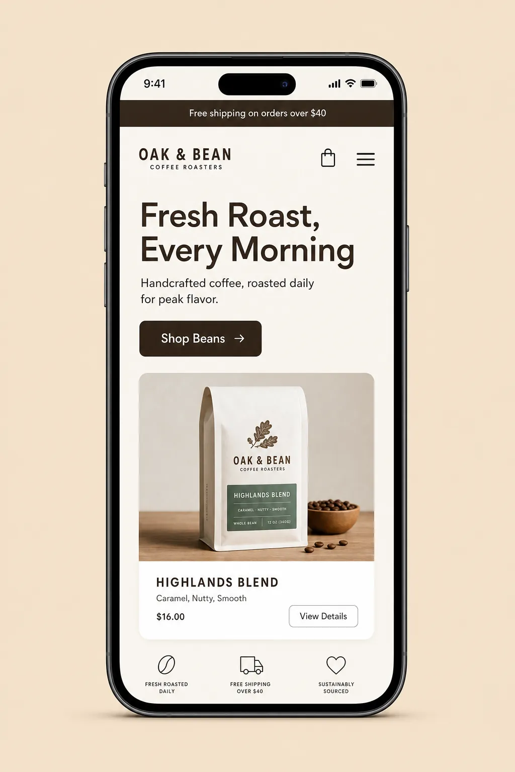 The same coffee site on mobile after fixes: clean spacing and large tap targets
