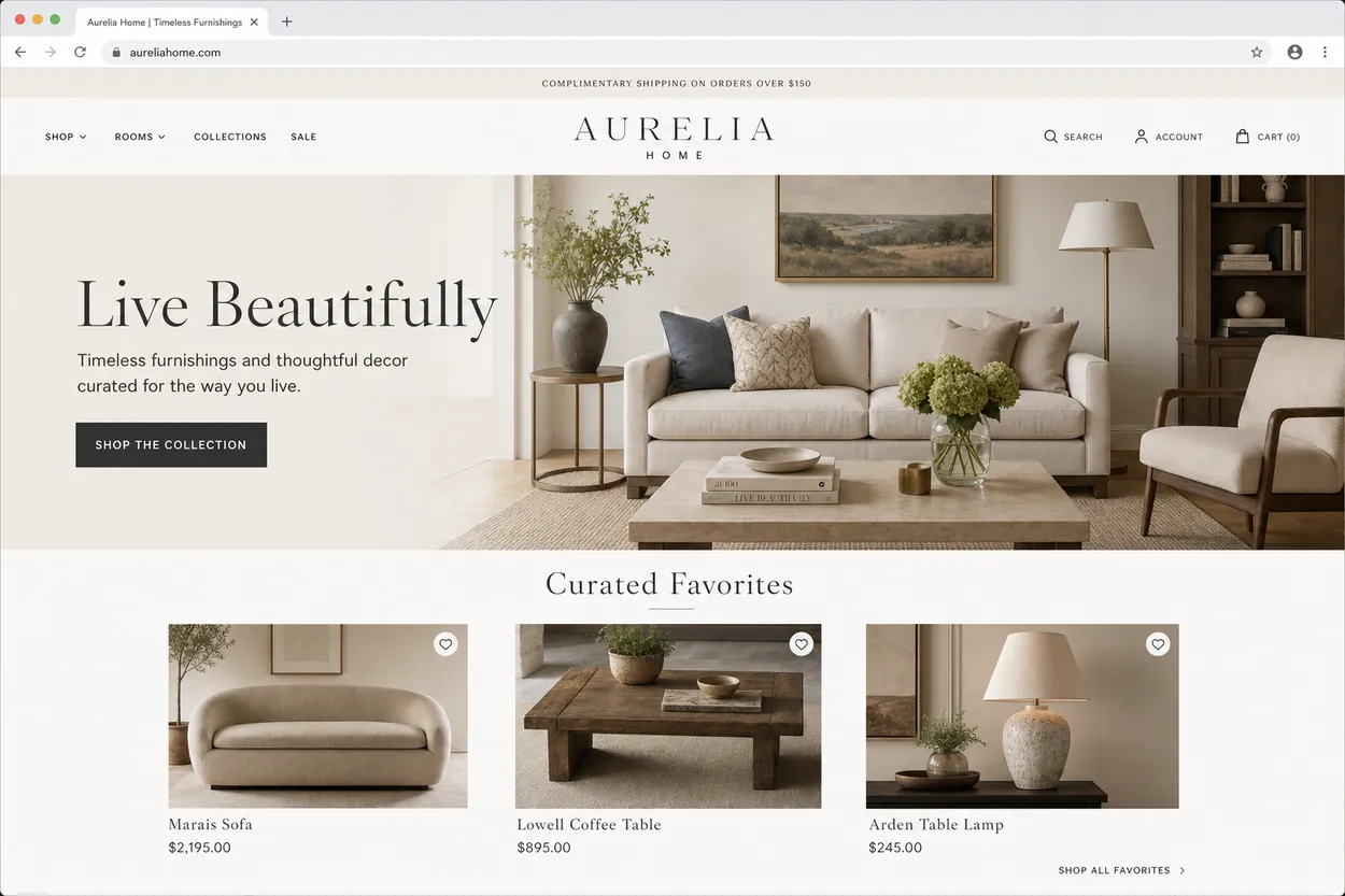 The same interior design site after polish: aligned layout and a clear call to action