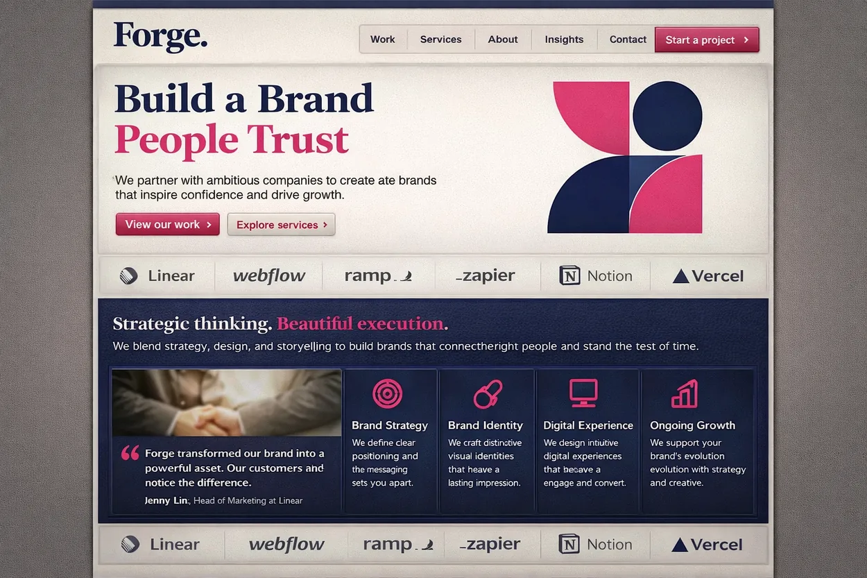 A brand agency site before polish: weak flat typography and poor contrast