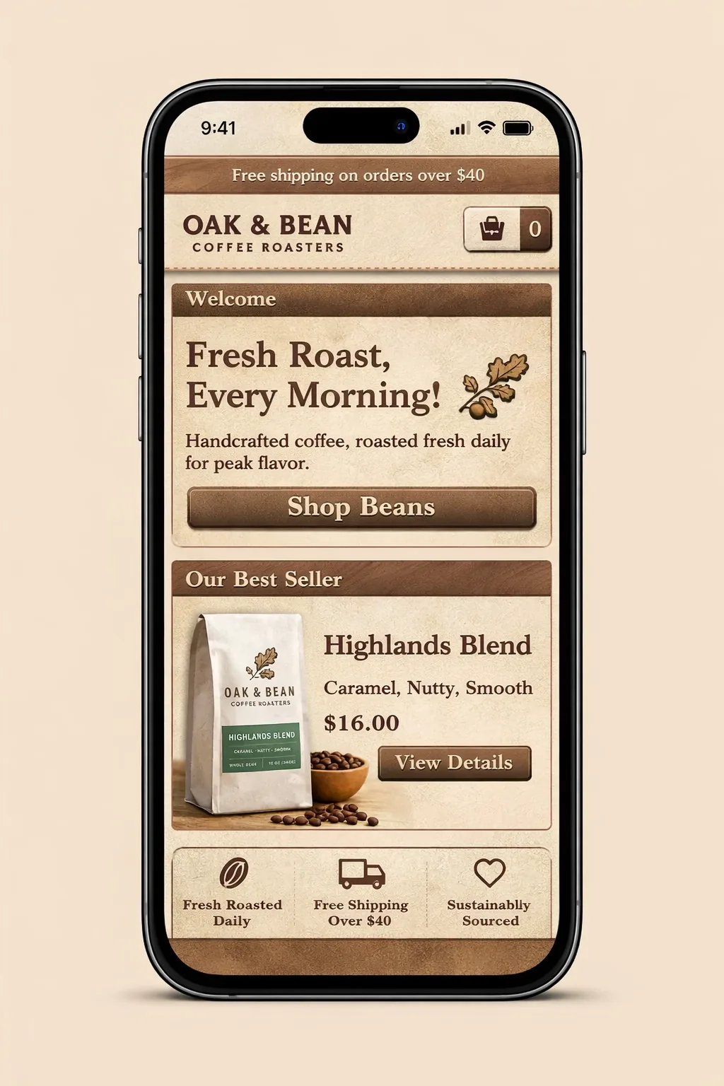 A coffee site on mobile before fixes: overflowing text and a tiny button
