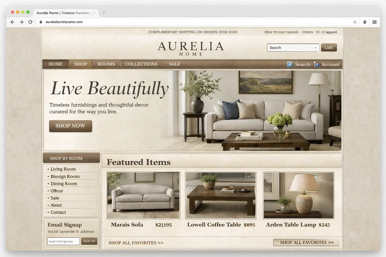 An interior design site before polish: cramped spacing and a low-contrast button