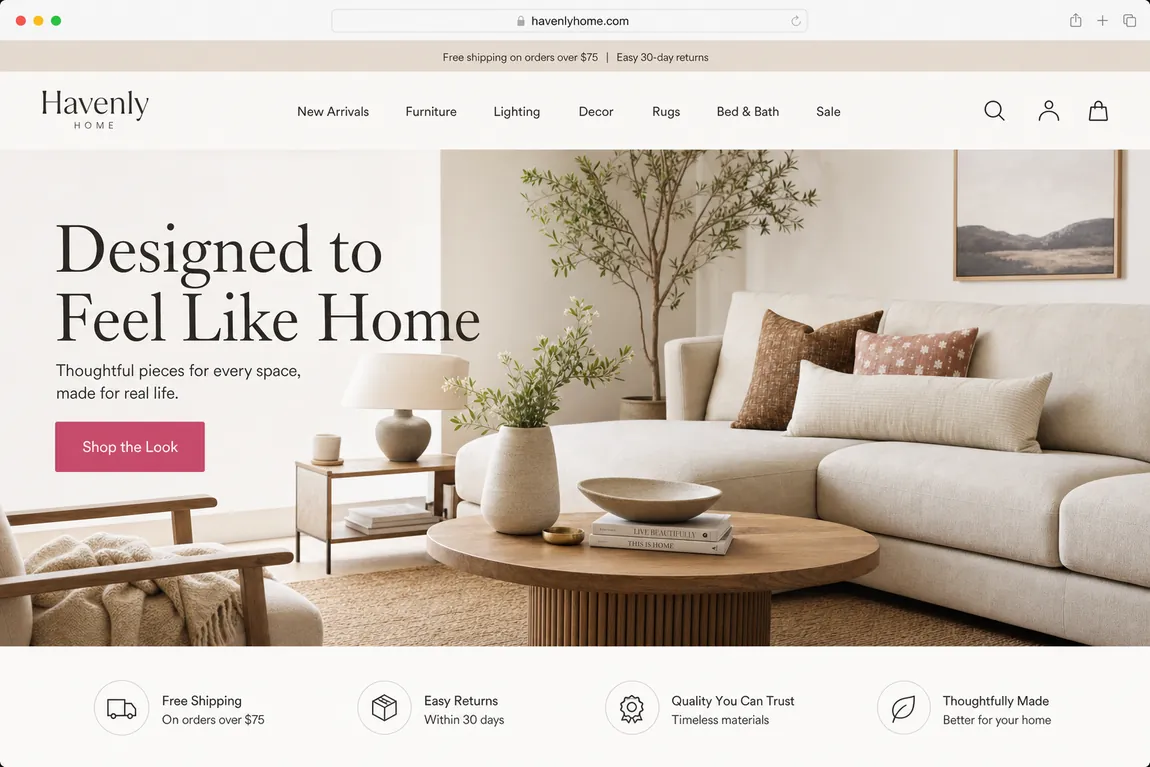 A polished home-furnishings website rebuilt by Next Level CSS, with refined spacing, type, and a clear call to action